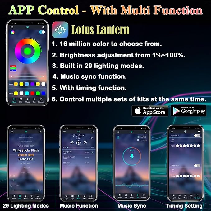 DEHERANE Interior Car LED Strip Lights, RGB 6 in 1 Ambient Lighting Kits with 315 inches Fiber Optic, 16 Million Colors APP Wireless Control Car Neon Lights, with Music Sync Function