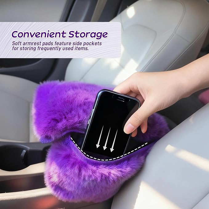 Fluffy Car Armrest Cover with Side Pockets – Plush Fuzzy Fur Center Console Armrest Cushion Pad, Universal Winter Car Interior Protector, Soft Arm Rest Cover with Storage for Women & Men (PURPLE)
