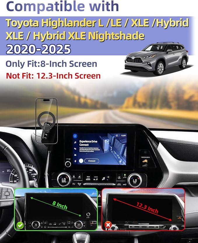 PZK Car Phone Mount for 2020-2025 2026 Toyota Highlander L/LE/Hybrid XLE Nightshade Accessories 8-inch Screen Compatible with Magsafe Phone Holder 360° Rotation Not Affect Vent (Not fit 12.3 inch)