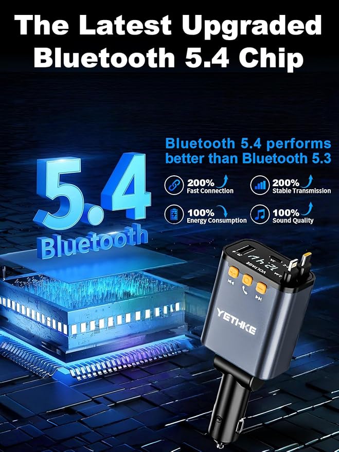 Bluetooth Car Adapter with Retractable Charger,[Upgrade] Bluetooth 5.4 FM Transmitter for Cars, 4 in 1 Fast Car Charger 69W, Handsfree Call, 2*Retractable Cable for iPhone 17/16/15/14, Galaxy-Gray