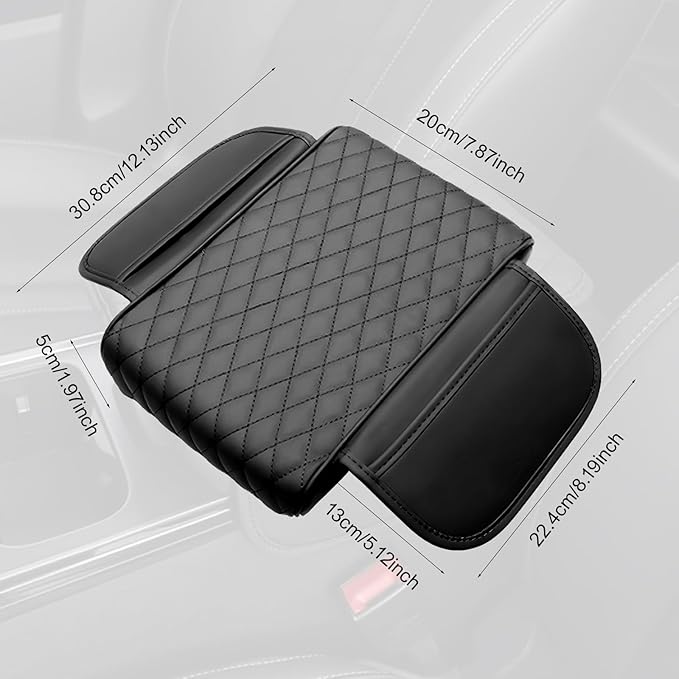Car Center Console Armrest Pillow with 2 Storage Pockets, Memory Foam Car Armrest Cushion, Leather Car Center Console Cover for Most Vehicle (Black-Upgraded Thickened)