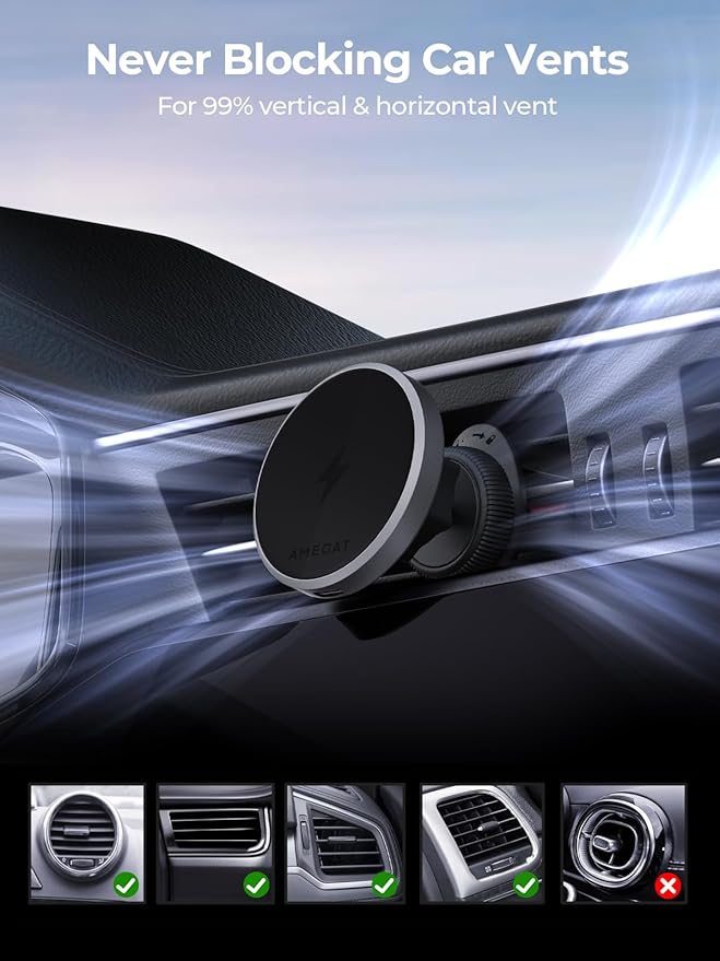 Wireless Car Charger, Qi2 Certified 15W Ultra-Fast car Phone Holder Mount, Air Vent Magnetic Car Mount Charger Compatible with MagSafe for iPhone 17/Air/16/15/14/13/12 Series