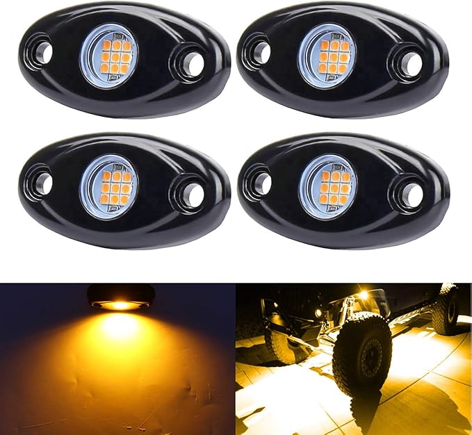 Yellow LED Rock Lights, 4 Pods Neon 12V Waterproof Underglow Underbody Kit Crawler Crawling Dome Exterior Wheel Lights for ATV RZR UTV SUV Off-Road Auto Boat Motorcycle Glow Trail Rig Fender Lamp