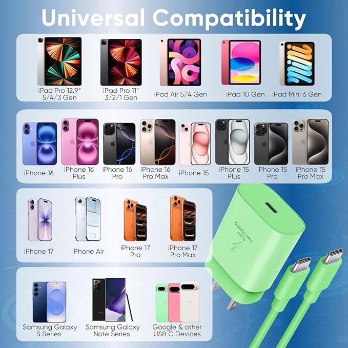 iPhone 16 15 Charger Fast Charging, 30W USB C Charger Block 10FT Cable for iPhone 15 16 Plus Pro Max/iPad Pro/AirPods, PD USBC Power Adapter Wall Plug with Extra Long Type C to C Cord (Green, 10FT)