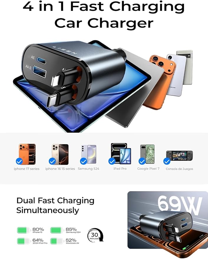 LISEN Retractable Car Charger [RV Power Adapters ] for iPhone 17 USB C Charger Fast Charging, Travel Essentials Gifts for Women Men, Early Today 2025