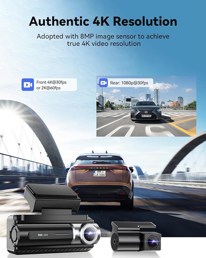 FOCUWAY Dash Cam Front and Rear, Real 4K@30fps/2K@60fps+1080P@30fps Dash Camera for Car, Touchscreen, Voice Control, with GPS WiFi, HDR Night Vision, 64GB Card, 160 Wide Angle, 24H Parking Mode