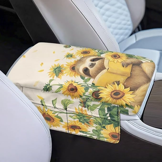 Dreaweet Car Console Covers with Pockets Cute Sunflower Sloth Arm Rest Cover for Car Women Thick Car Armrest Cushion Pad Universal Fit Most Vehicle SUV Trucks Sedan Van