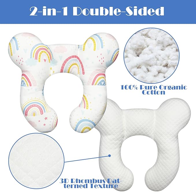 Baby Head Support Pillow for Newborn Toddler, Baby Neck Pillow Upgraded Comfortable Sleep Cushion for Car Plane Stroller Pushchair - Rainbow A