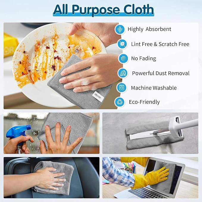 FIXSMITH Grey Microfiber Cleaning Cloth -Pack of 24, Highly Absorbent Cleaning Rags, 16"X12" All Purpose Cleaning Towels for Housekeeping, Kitchen, Car, Lint Free and Reusable Microfiber Towels