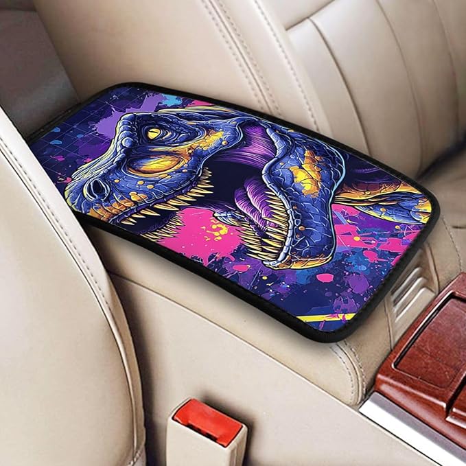 Universal Car Center Console Cushion Pad, Dinosaur Purple Blue Soft Waterproof Car Center Console Cover Auto Armrest Seat Box Cover Protector for Most Vehicle SUV Truck Car
