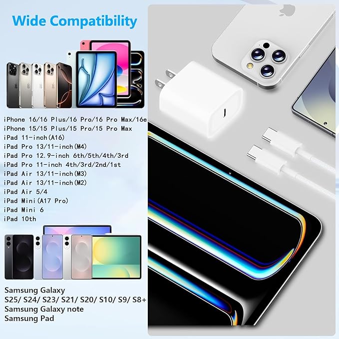 iPhone 17 16 Charger,2Pack USB C Fast Charger Apple Charge Type C Fast Charging Block&6FT USB C to C Woven Cable Cord for iPhone 17 Pro Max/17 Pro/Air/16 Plus/16E/15 Series/iPad Pro/Air/Mini