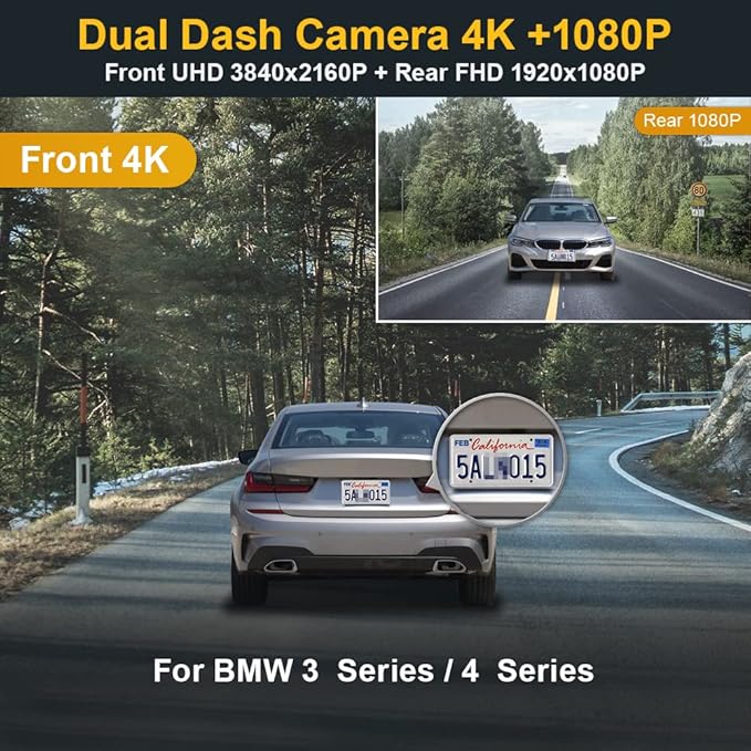 Fitcamx Front 4K+Rear 1080P Dash Cam Adapts for BMW 3 4 Series M3 M4 2020-2024 (Model A) 330i 330e M340i 430i Xdrie M440i, OEM Factory Look, Dual Loop Recording, WiFi & APP, G-Sensor, 128GB Card