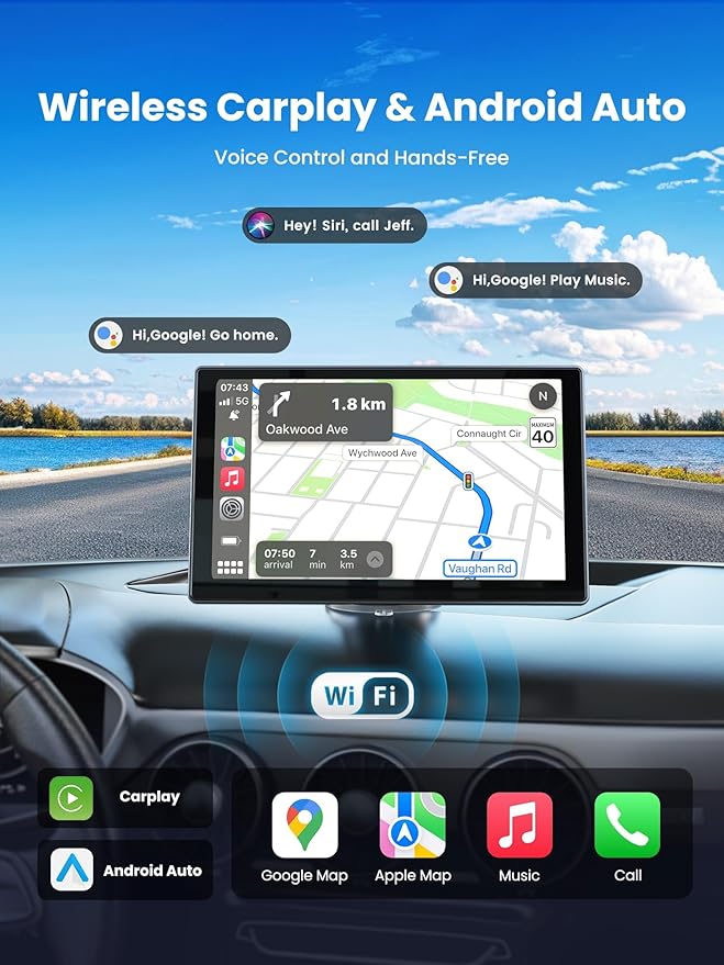 Portable CarPlay Screen for Car, 9'' Wireless Apple CarPlay & Android Auto Screen for Car, 4K Dash Cam, 1080P Backup Camera, GPS Navigation/Bluetooth/FM/Siri Voice Control for All Vehicles