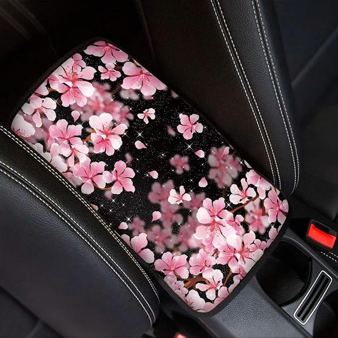 Dreaweet Pink Cherry Blossom Print Console Armrest Cover,Cute Car Accessories for Women Soft Comfy Center Console Pad Cover,Universal Armrest Box Mat