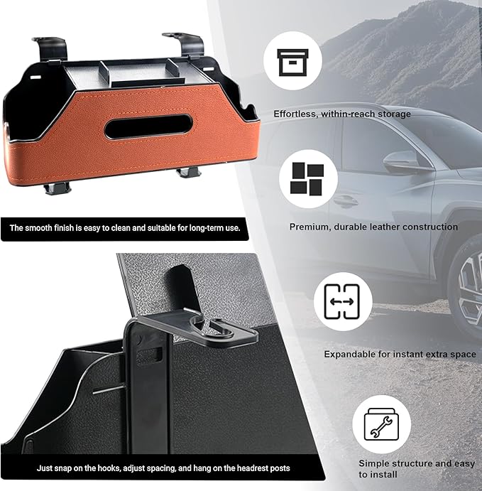 Sporacingrts 2 Pack Brown Car Seat Back Organizer with Cup Holders, Tissue Box, Hooks, Phone Slot, PU Leather Storage Box for Backseat, Universal Fit for Cars SUVs Trucks