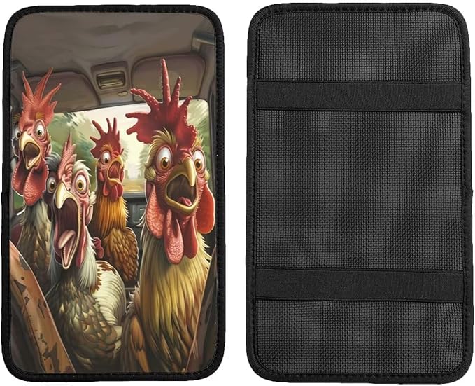 Car Center Console Cover Funny Chicken Print Auto Accessories Neoprene Armrest Cover Cute and Funny Animal Armrest Cushion Pad Soft Cozy Armreat Seat Box Protector Interior for SUV Truck Vans