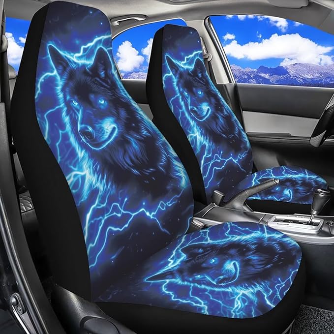 Cool Wolf Car Seat Covers 2 Pcs Stretch Polyester Fabric Cover Breathable Car Seat Cover Easy Installation Universal Size Fit for Most Cars SUVs
