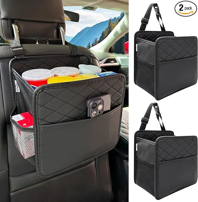 Witaxima 2 Pack Upgraded Car Seat Organizer Backseat with Storage Pockets, Multipurpose Car Organizer Hanging Car Trash Bag Premium PU Leather Garbage Can 2.14 Gallon Large Capacity Accessories Black