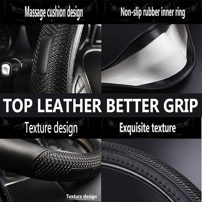 D Shape Steering Wheel Cover,Universal 14.5-15 Inch Car Black Leather Steering Wheel Wrap with Better Sport Grip for Men Women,Fit D Shaped Flat Bottom Steering Wheel
