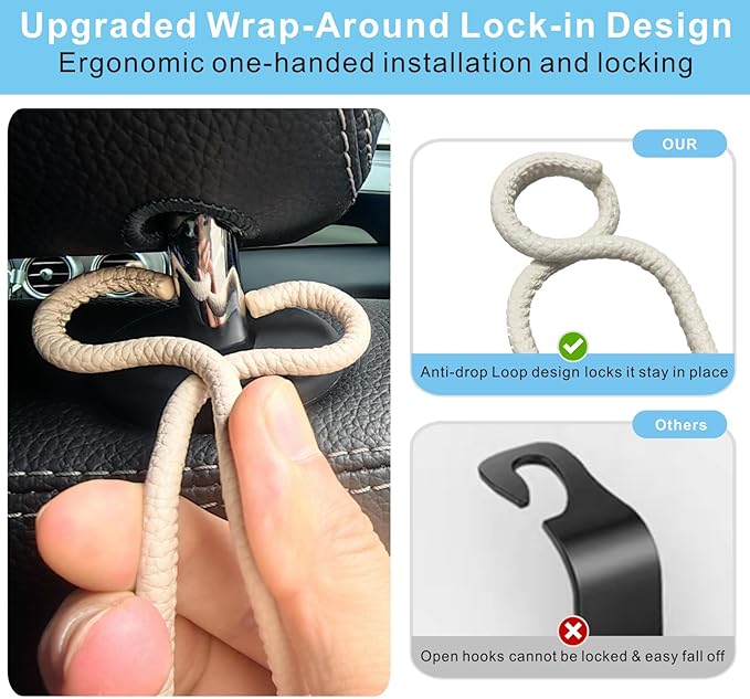 Purse Hooks for Car - 2 Pack Universal Back Seat Storage Holder with Anti-Drop Lock Loop for Vehicle Truck SUV, Car Headrest Hanger for Hat Bag Grocery Handbag Coat Must Have Stuff- Beige Leather/2L