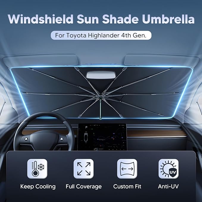 Autorder Windshield Sun Shade Umbrella for 2020-2026 Toyota Highlander Accessories,Upgraded Ice Crystal Material,Easy Setup Umbrella Sunshade for Car Windshield,100% Sun Blocking