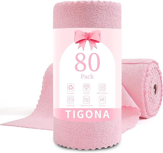 80 Pack Microfiber Cleaning Cloth Roll,Lint Free Rags & Tear Away Reusable Towels Washable Scratch,Ultra Absorbent Dish Rags(12" x 12") for Car Kitchen Home Garage-Pink