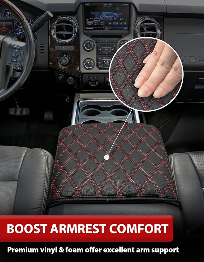 KBH Center Console Armrest Cover for Ford F250 F350 F450 F550 2011-2016, Auto Arm Rest Box Cushion Pad, PU Leather Trim, Anti-Scratch, Black-red Stitch (Fits Bucket Seat Console Only)