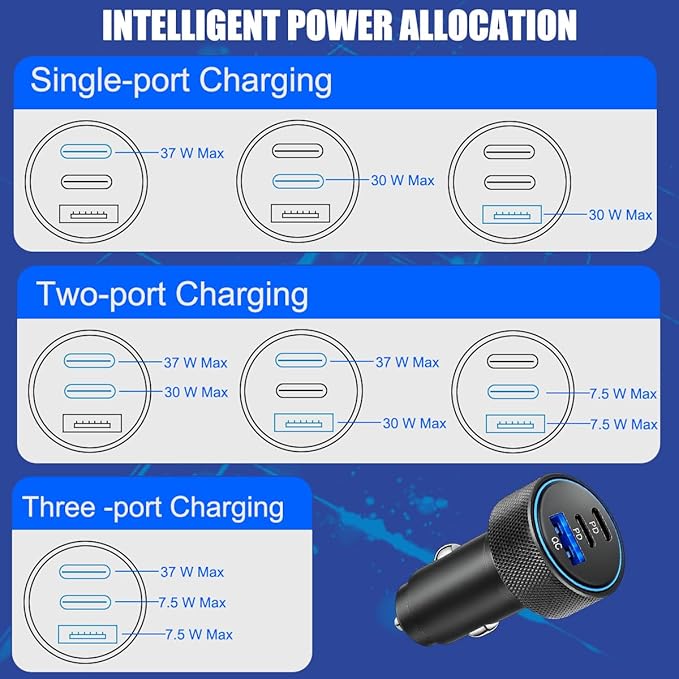 USB C Car Charger, 3-Port 82.5W Dual PD Fast Charging QC Vehicle Power Adapter Cigarette Lighter with Fast Charger Cable, Automotive Charging Accessories, Universal for SUV RV Truck (Black)