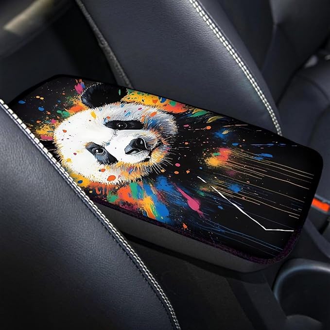 Suobstales Paint Splatter Panda Print Car Armrest Pad Soft Center Console Arm Rest Protector Cover Universal Car Interior Accessories Decoration