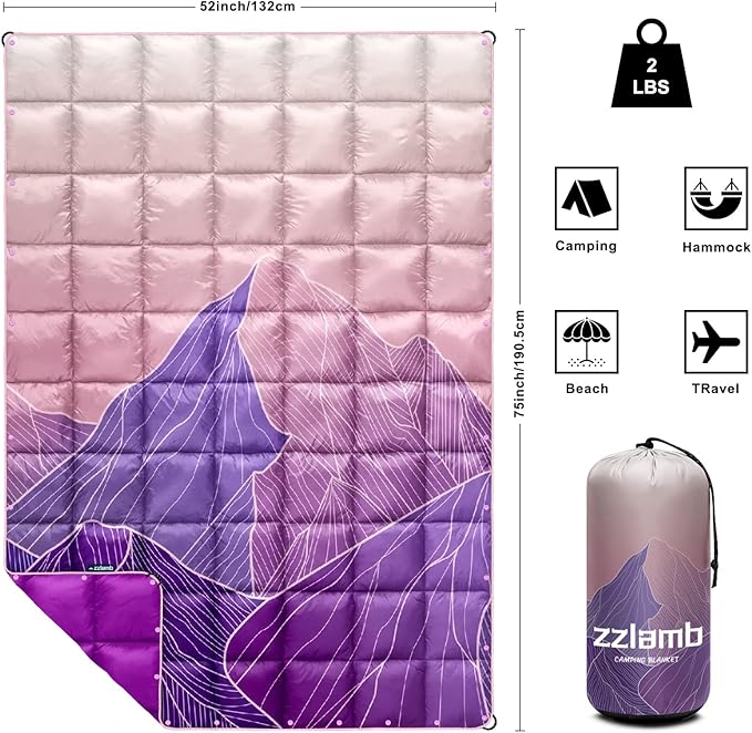 zzlamb Camping Blanket for Cold Weather,Outdoor Puffy Blanket Portable Down Alternative,Windproof Warm Cloak with Snaps,Cozy Quilt Backpacking Picnic RV Travel Plane Car Hammock Beach Climbing