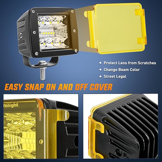 Nilight LED Pod Light with Amber/Black Covers 2 PCS 3 Inch 42 W Cubes Spot Flood Combo Off Road Light Super Bright Driving Fog Boat Lighting for Trucks Pickup Golf Cart SUV ATV UTV 4x4 Van Camper