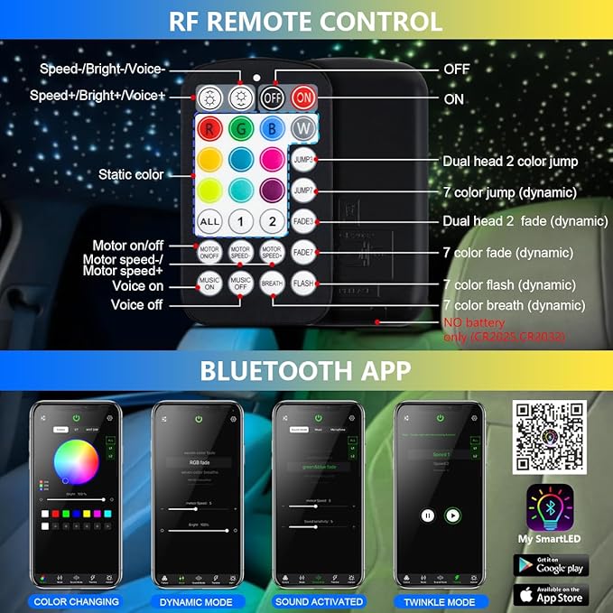 Starlight Headliner Kit,Twinkle + Music Sync Dual Color Fiber Optic Star Ceiling Lights with APP Remote Control, RGBW Star Lights for Car/Home Ceiling Decor, 1200pcs 9.8ft