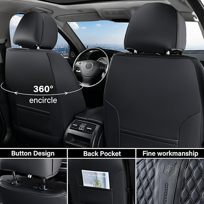 Coverado Car Seat Covers Full Set, Black Seat Covers for Car with Lumbar Support, Nappa Leather Seat Covers Waterproof Car Seat Protectors Universal Fit for Most Cars SUV Trucks