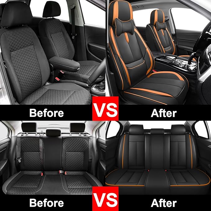 Fit for 98% of Mercedes Benz Car Seat Covers with Headrests, Premium Nappa Leather Seat Cover, Fully Wrapped Protect Modern Style Seat Cover (5-Seat Luxury, Black & Orange)