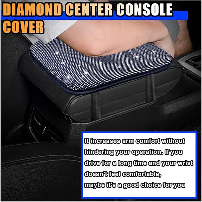 11.9''×8.4'' Bling Car Center Console Cover, Crystal Diamond Elbow Pillow Car Armrest Seat Box Cover, Soft Arm Rest Protective Cushion Pad for Women Girls, Auto Interior Decor for Car SUV (White)