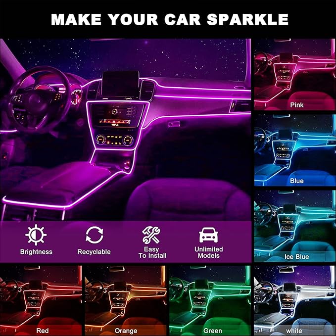 Interior Car Strip Lights, Goodream USB Music Sync Multicolor Multiple Modes LED Fiber Optic Light Ambient Neon Wire Lighting Kits for Sedan Truck SUV Accessories Center Console Dashboard