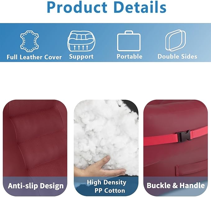 YOUFI Super Thicken Leather Car Seat Cushion for Adults - Portable Angle Lift Seat Pad with Breathable Cover, Handle, and Buckle - Ideal for Trucks, SUVs, and Office Chairs (Red)