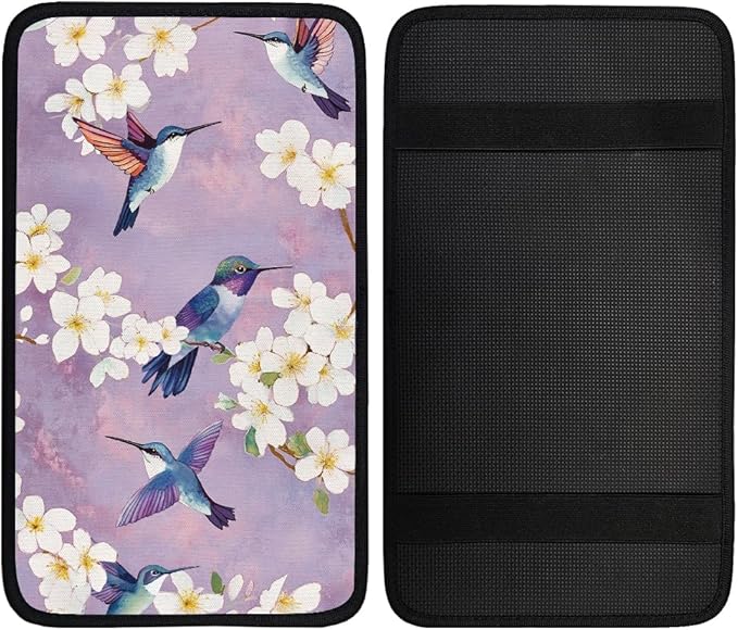 1pc Center Console Armrest Cover Pad 12.6x7.5 inch Flower with Hummingbird Neoprene Car Armrest Cushion Waterproof Armrests Seat Box Cover Protector for Universal Cars Vehicles SUVs