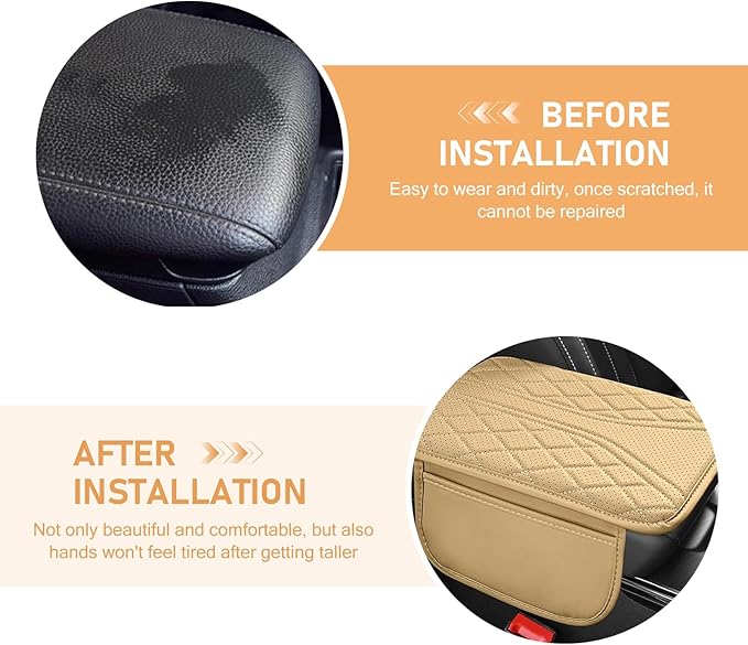 Car Center Console Pad, Leather Car Armrest Box Pad Cover, Vehicle Armrest Protector Cushion with 2 Storage Bags, Universal Arm Rest Pad for Car Interior Accessories Protect (Begie)