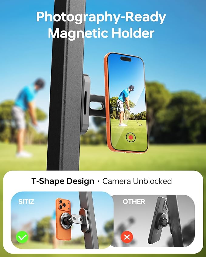 Magnetic Golf Cart Phone Holder Compatible with iPhone 12-17, Golf Accessories for Men, Photography-Friendly T-Shape Design Strong Magnetic Phone Caddy with 360° Adjustable Ball Head, Golf Gifts