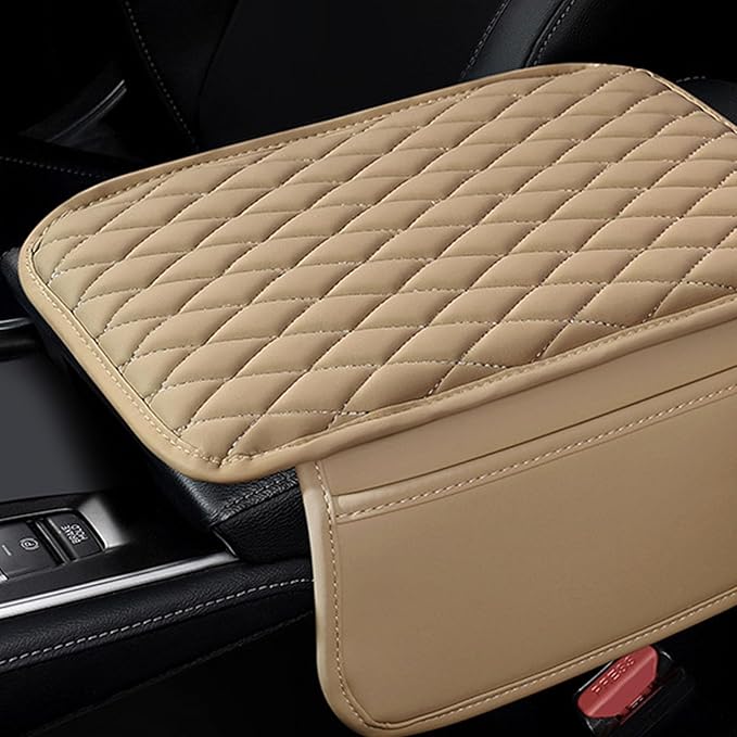 Car Center Console Cover,Leather Armrest Cover Cushion with 2 Storage Bags Universal Car Armrest Seat Box Pad Car Interior Accessories Protector for Most Vehicle(Beige)