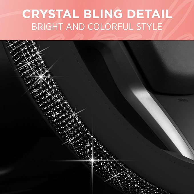 Carbella Leatherette Crystal Bling Steering Wheel Cover for Car SUV, Glitter Sparkle Rhinestone Cute Car Accessories for Women Universal Fit Standard Size (Fits 14.5"-15") - Black w/Black Bling