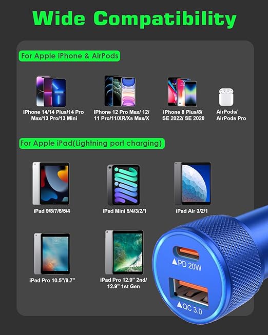 iPhone Car Charger, 2-Port Fast USB C Car Charger Dual USB C & USB A Car Charger Adapter Cigarette Lighter with 2Pack Lightning Cable for iPhone 14 Pro Max/14 Pro/14 Plus/13 Pro Max/12 Mini/11/X, iPad