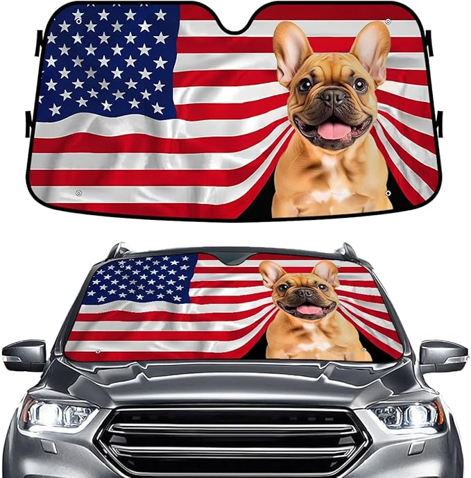 GENANY French Bulldog Flag Windshield Sun Shade for Car SUV Truck (55x30 Inches), Sun Shade Windshield for Front Windows, Protector Blocks, Car Decor