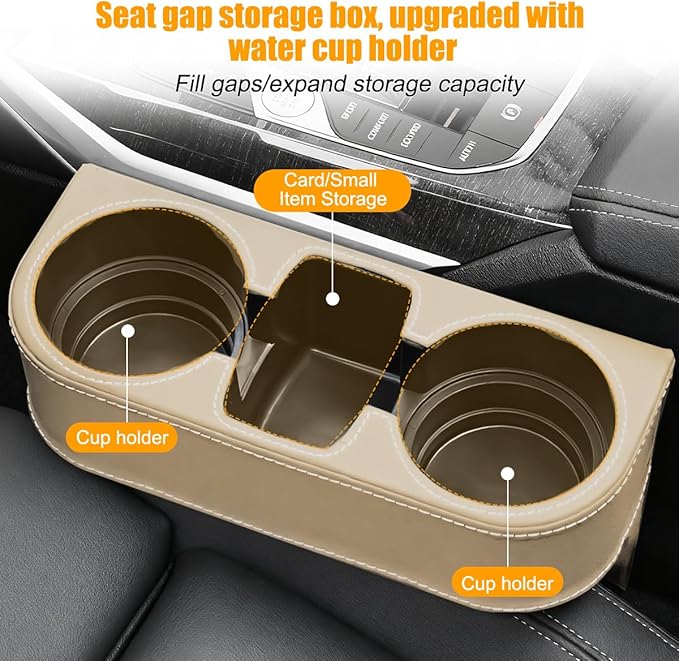 Car Seat Gap Filler Organizer with Cup Holder, Leather Multifunctional Vehicle Front Seat Crevice Storage Box Bag, Automotive Console Side Bucket Pocket, Universal Fit (Beige)