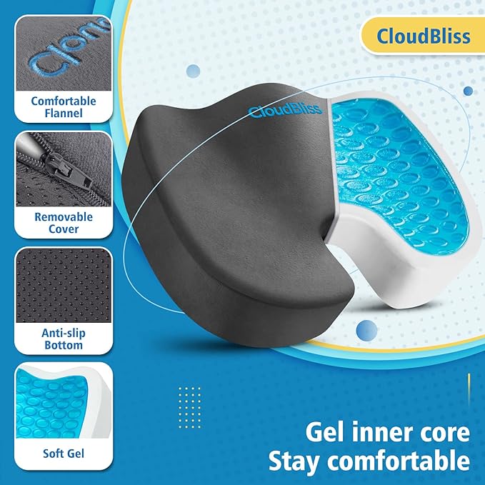 CloudBliss Gel Seat Cushion - Cooling Gel Enhanced, Memory Foam, Ergonomic Seat Cushion for Long Sitting for Office, Game, Car, Airplane (X-Large, Grey)