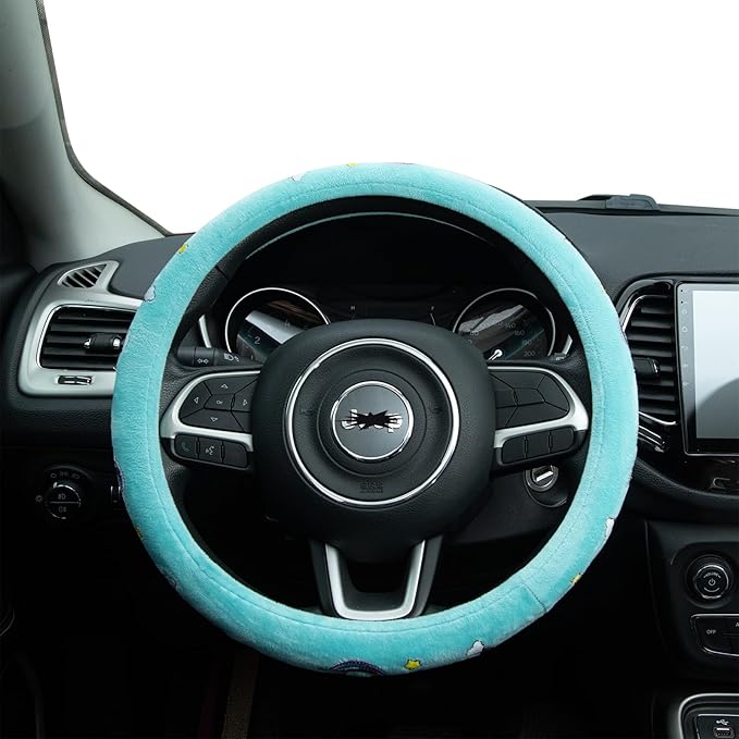 Embroidered Rainbow Cute Blue Steering Wheel Cover, Auto Anti-Slip Breathable Steering Wheel Protector,Rainbow Car Accessories for Women,Universal Size Fit Most Cars -15 inch