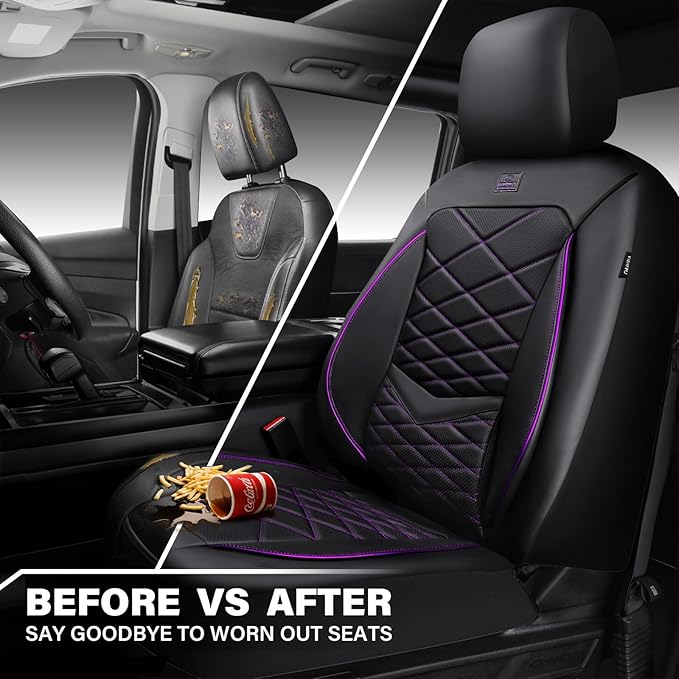 CAR PASS Luxury Nappa Leather Front Seat Covers, Water Resistant 3D Foam Seat Covers with Lumbar Support, Breathable Auto Seat Cover Airbag Compatible Universal Fit Sedan SUV Van Truck, Black Purple