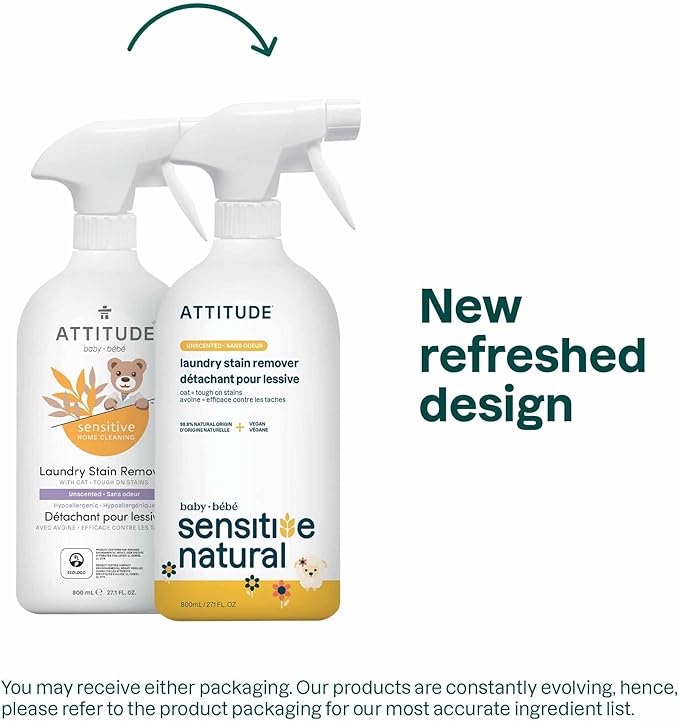 ATTITUDE Laundry Stain Remover for Baby Clothes, Plant- and Mineral-Based Ingredients, Vegan and Cruelty-free Laundry Products for Sensitive Skin, Unscented, 27 Fl Oz