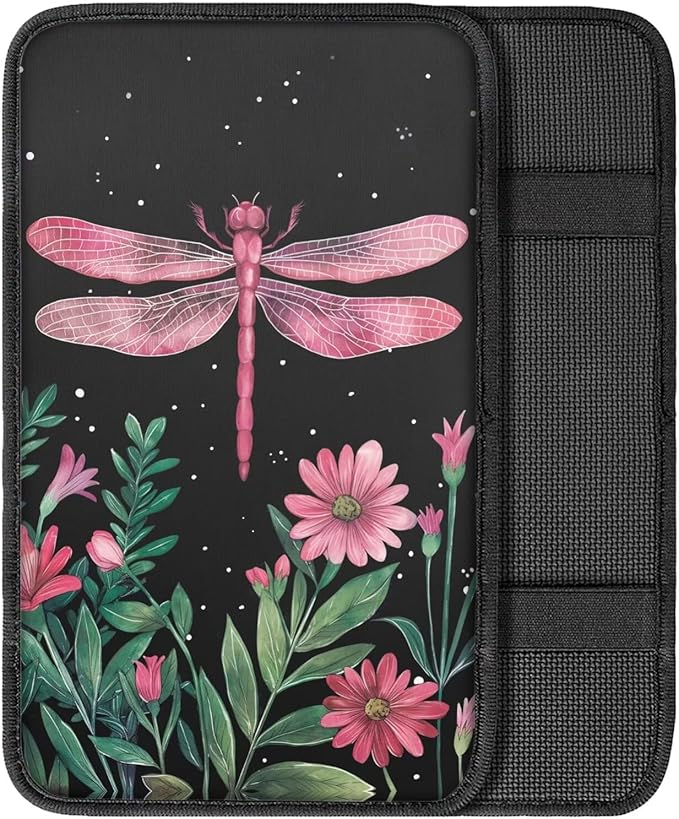 Flower Dragonfly Car Center Console Cushion Pad for Most Cars Soft Armrest Seat Box Cover, Waterproof Auto Armrest Cover Protector, Dragonfly Cars Interior Accessories